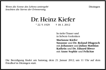 Traueranzeige von Heinz Kiefer von Leonberger Kreiszeitung / Strohgäu Extra