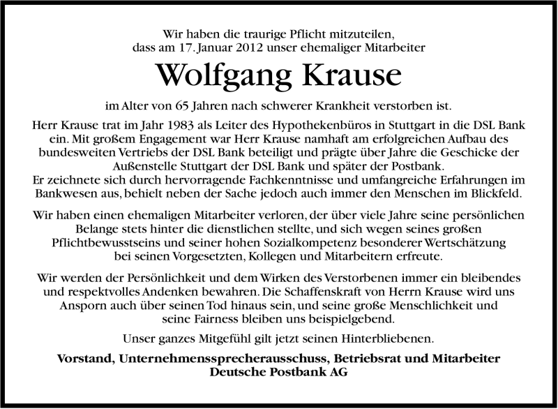  Traueranzeige für Wolfgang Krause vom 21.01.2012 aus Stuttgarter Zeitung / Stuttgarter Nachrichten