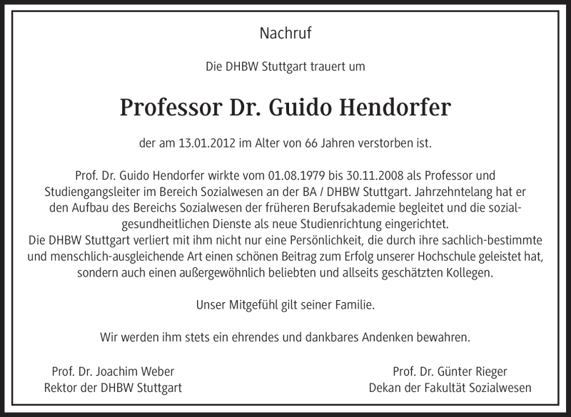  Traueranzeige für Guido Hendorfer vom 21.01.2012 aus Stuttgarter Zeitung / Stuttgarter Nachrichten