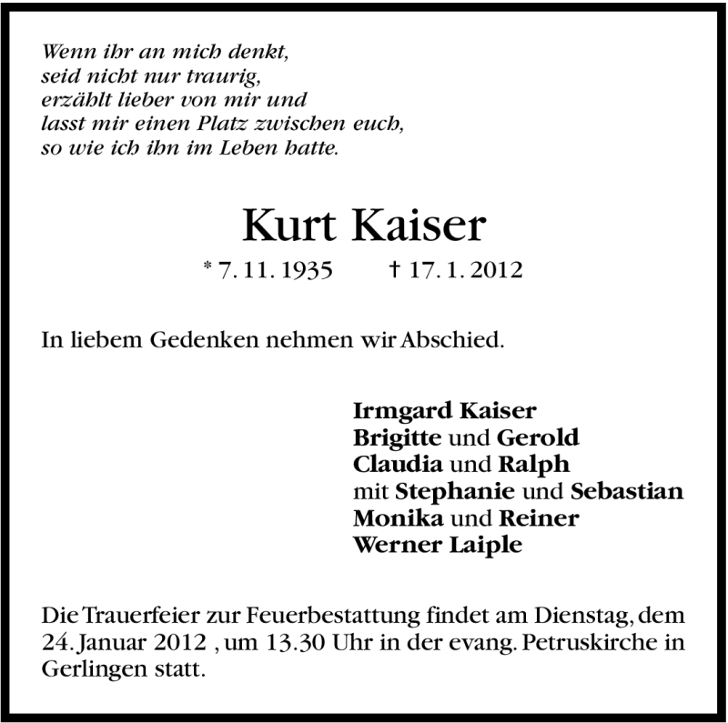  Traueranzeige für Kurt Kaiser vom 21.01.2012 aus Leonberger Kreiszeitung / Strohgäu Extra