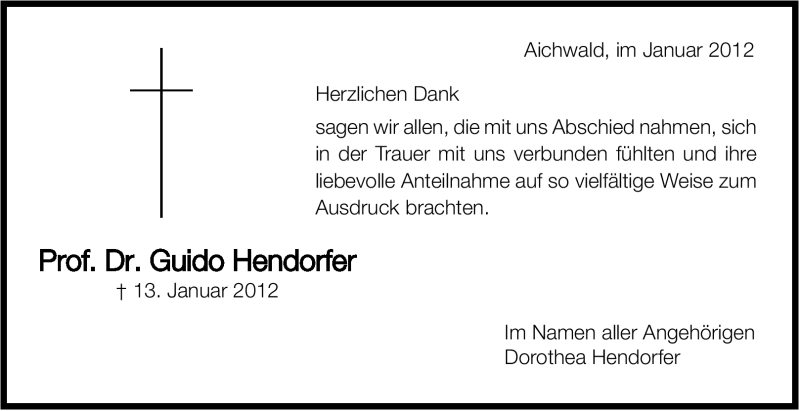  Traueranzeige für Guido Hendorfer vom 23.01.2012 aus Stuttgarter Zeitung / Stuttgarter Nachrichten