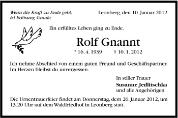 Traueranzeige von Rolf Gnannt von Leonberger Kreiszeitung / Strohgäu Extra