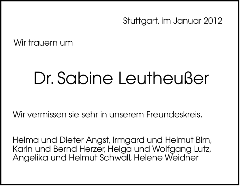  Traueranzeige für Sabine Leutheußer vom 25.01.2012 aus Stuttgarter Zeitung / Stuttgarter Nachrichten
