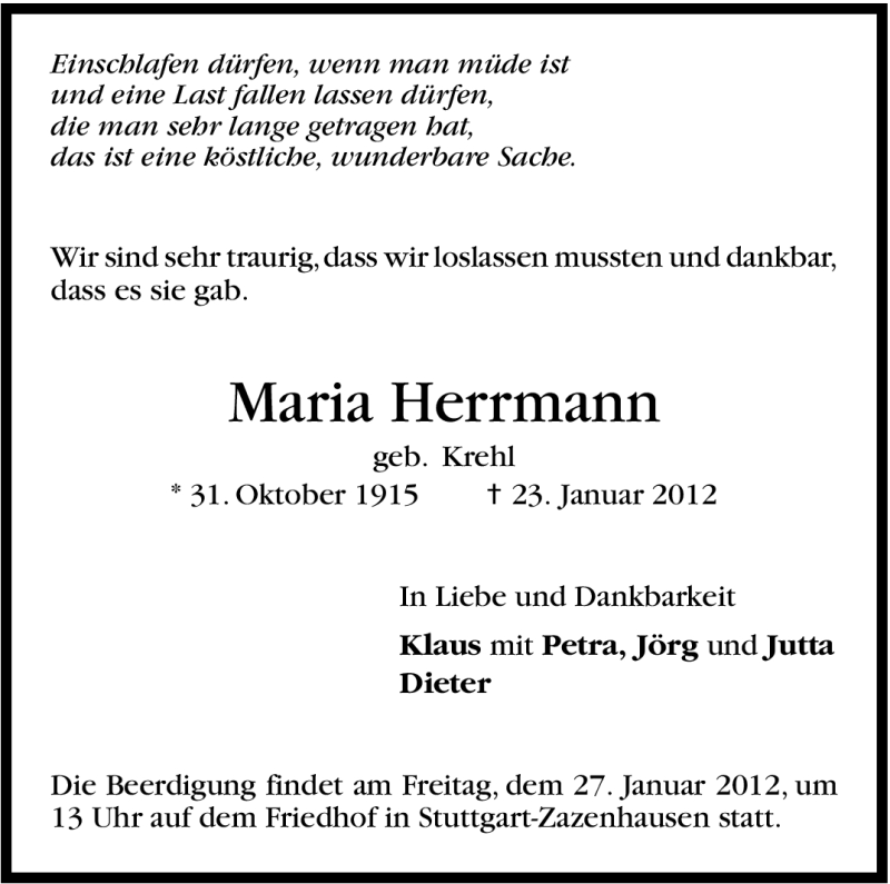  Traueranzeige für Maria Herrmann vom 25.01.2012 aus Stuttgarter Zeitung / Stuttgarter Nachrichten