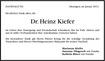 Traueranzeige von Heinz Kiefer von Leonberger Kreiszeitung / Strohgäu Extra