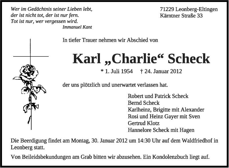  Traueranzeige für Karl Scheck vom 26.01.2012 aus Leonberger Kreiszeitung / Strohgäu Extra