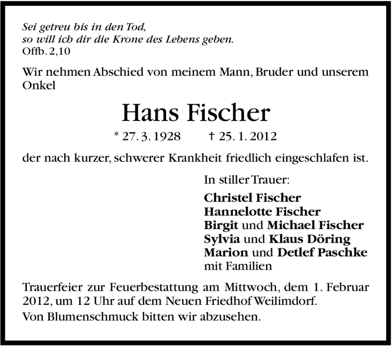  Traueranzeige für Hans Fischer vom 28.01.2012 aus Stuttgarter Zeitung / Stuttgarter Nachrichten