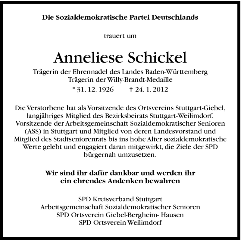  Traueranzeige für Anneliese Schickel vom 30.01.2012 aus Stuttgarter Zeitung / Stuttgarter Nachrichten