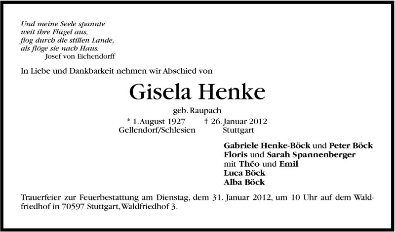  Traueranzeige für Gisela Henke vom 28.01.2012 aus Stuttgarter Zeitung / Stuttgarter Nachrichten