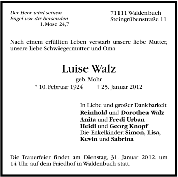 Traueranzeige von Luise Walz von Stuttgarter Zeitung / Stuttgarter Nachrichten
