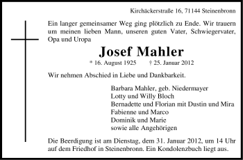 Traueranzeige von Josef Mahler von Stuttgarter Zeitung / Stuttgarter Nachrichten