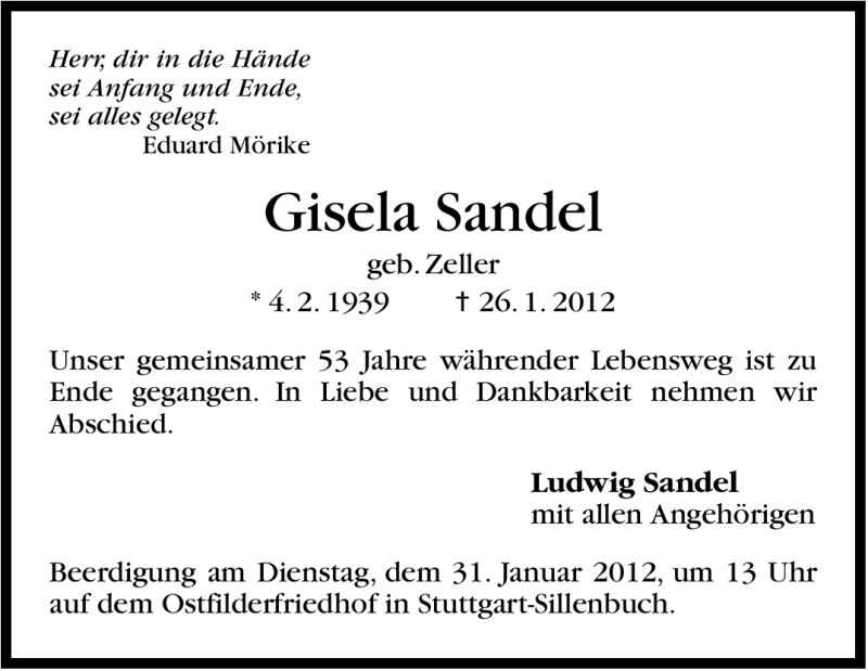  Traueranzeige für Gisela Sandel vom 28.01.2012 aus Stuttgarter Zeitung / Stuttgarter Nachrichten
