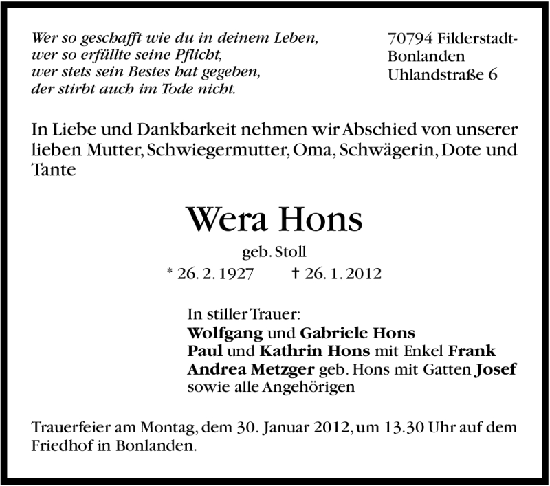  Traueranzeige für Wera Hons vom 28.01.2012 aus Stuttgarter Zeitung / Stuttgarter Nachrichten