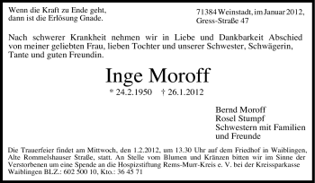 Traueranzeige von Inge Moroff von Stuttgarter Zeitung / Stuttgarter Nachrichten