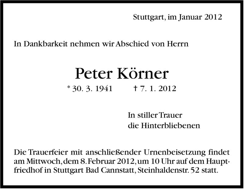  Traueranzeige für Peter Körner vom 31.01.2012 aus Stuttgarter Zeitung / Stuttgarter Nachrichten