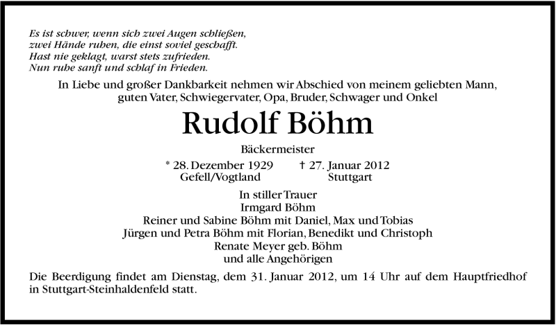  Traueranzeige für Rudolf Böhm vom 30.01.2012 aus Stuttgarter Zeitung / Stuttgarter Nachrichten