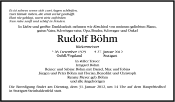 Traueranzeige von Rudolf Böhm von Stuttgarter Zeitung / Stuttgarter Nachrichten