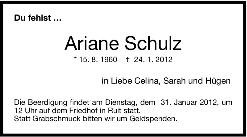  Traueranzeige für Ariane Schulz vom 28.01.2012 aus Stuttgarter Zeitung / Stuttgarter Nachrichten