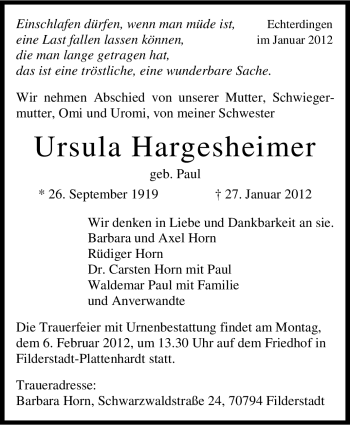Traueranzeige von Ursula Hargesheimer von Stuttgarter Zeitung / Stuttgarter Nachrichten