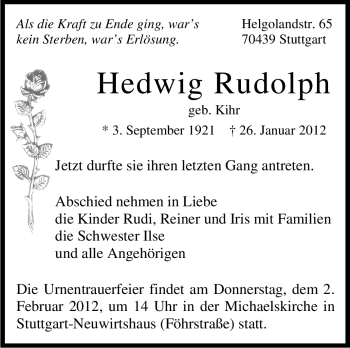 Traueranzeige von Hedwig Rudolph von Stuttgarter Zeitung / Stuttgarter Nachrichten