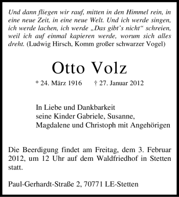 Traueranzeige von Otto Volz von Stuttgarter Zeitung / Stuttgarter Nachrichten