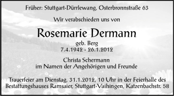 Traueranzeige von Rosemarie Dermann von Stuttgarter Zeitung / Stuttgarter Nachrichten