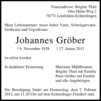 Traueranzeige von Johannes Gröber von Stuttgarter Zeitung / Stuttgarter Nachrichten