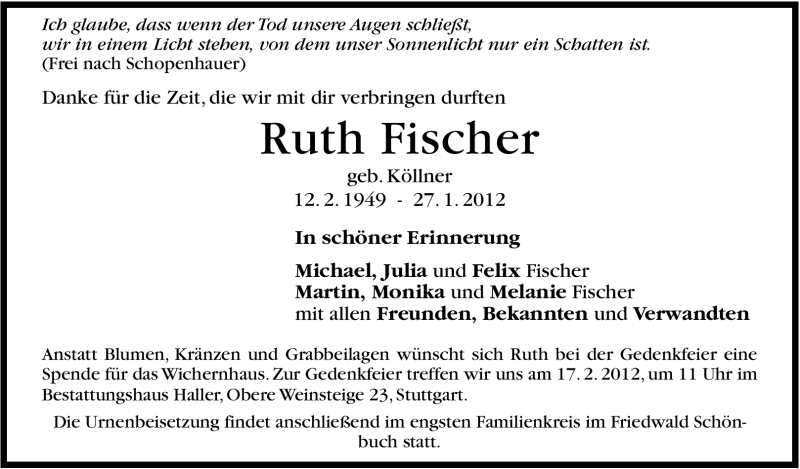  Traueranzeige für Ruth Fischer vom 31.01.2012 aus Stuttgarter Zeitung / Stuttgarter Nachrichten