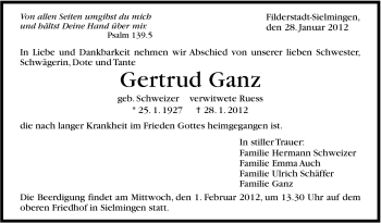 Traueranzeige von Gertrud Ganz von Stuttgarter Zeitung / Stuttgarter Nachrichten