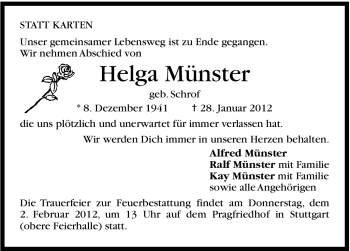 Traueranzeige von Helga Münster von Stuttgarter Zeitung / Stuttgarter Nachrichten