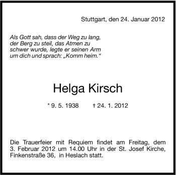 Traueranzeige von Helga Kirsch von Stuttgarter Zeitung / Stuttgarter Nachrichten