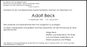 Traueranzeige von Adolf Beck von Stuttgarter Zeitung / Stuttgarter Nachrichten