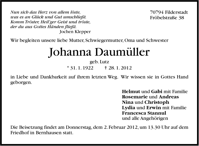  Traueranzeige für Johanna Daumüller vom 31.01.2012 aus Stuttgarter Zeitung / Stuttgarter Nachrichten