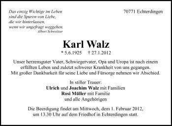 Traueranzeige von Karl Walz von Stuttgarter Zeitung / Stuttgarter Nachrichten