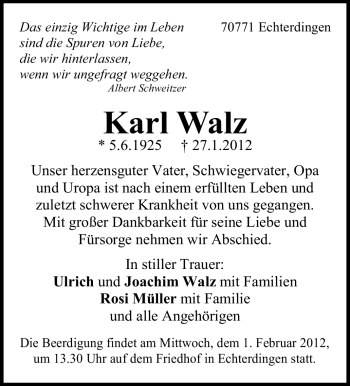 Traueranzeige von Karl Walz von Stuttgarter Zeitung / Stuttgarter Nachrichten