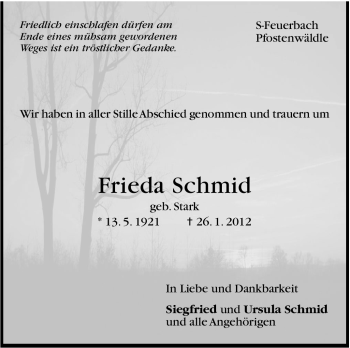 Traueranzeige von Frieda Schmid von Stuttgarter Zeitung / Stuttgarter Nachrichten