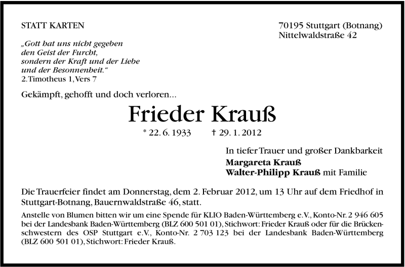  Traueranzeige für Frieder Krauß vom 31.01.2012 aus Stuttgarter Zeitung / Stuttgarter Nachrichten