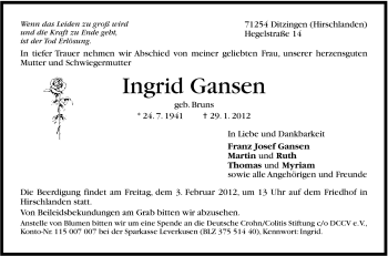 Traueranzeige von Ingrid Gansen von Stuttgarter Zeitung / Stuttgarter Nachrichten