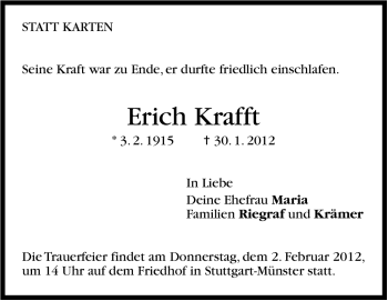 Traueranzeige von Erich Krafft von Stuttgarter Zeitung / Stuttgarter Nachrichten