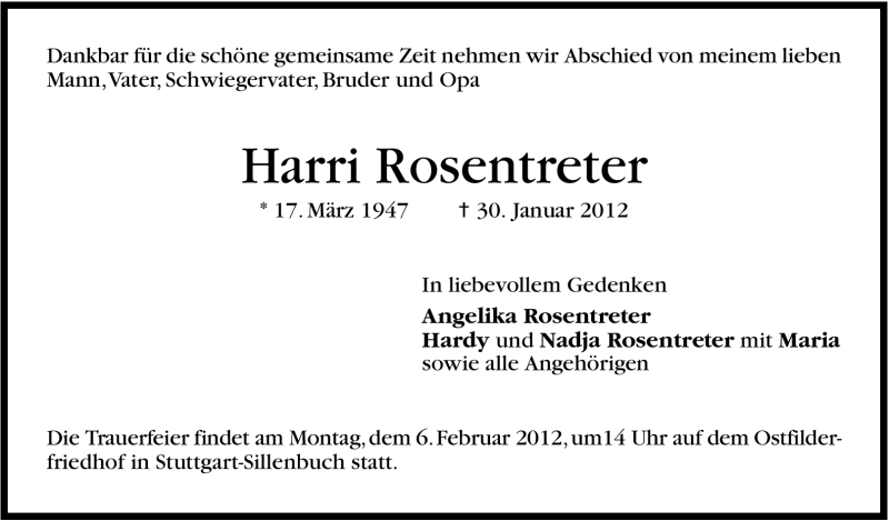  Traueranzeige für Harri Rosentreter vom 03.02.2012 aus Stuttgarter Zeitung / Stuttgarter Nachrichten