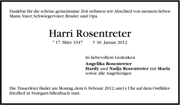 Traueranzeige von Harri Rosentreter von Stuttgarter Zeitung / Stuttgarter Nachrichten