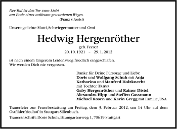 Traueranzeige von Hedwig Hergenröther von Stuttgarter Zeitung / Stuttgarter Nachrichten