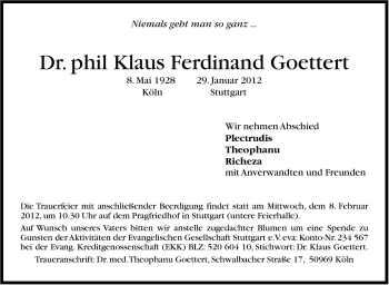 Traueranzeige von Klaus Ferdinand  Goettert von Stuttgarter Zeitung / Stuttgarter Nachrichten