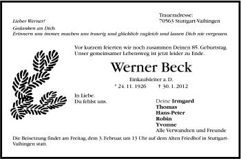 Traueranzeige von Werner Beck von Stuttgarter Zeitung / Stuttgarter Nachrichten