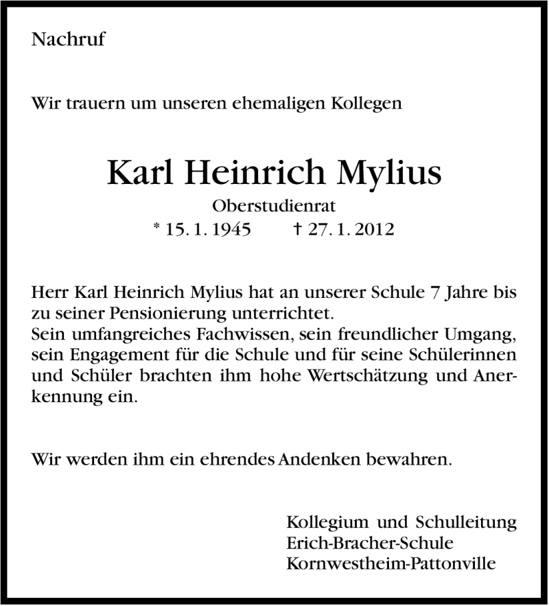 Traueranzeige für Karl Heinrich Mylius vom 02.02.2012 aus Stuttgarter Zeitung / Stuttgarter Nachrichten
