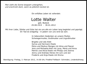 Traueranzeige von Lotte Walter von Stuttgarter Zeitung / Stuttgarter Nachrichten
