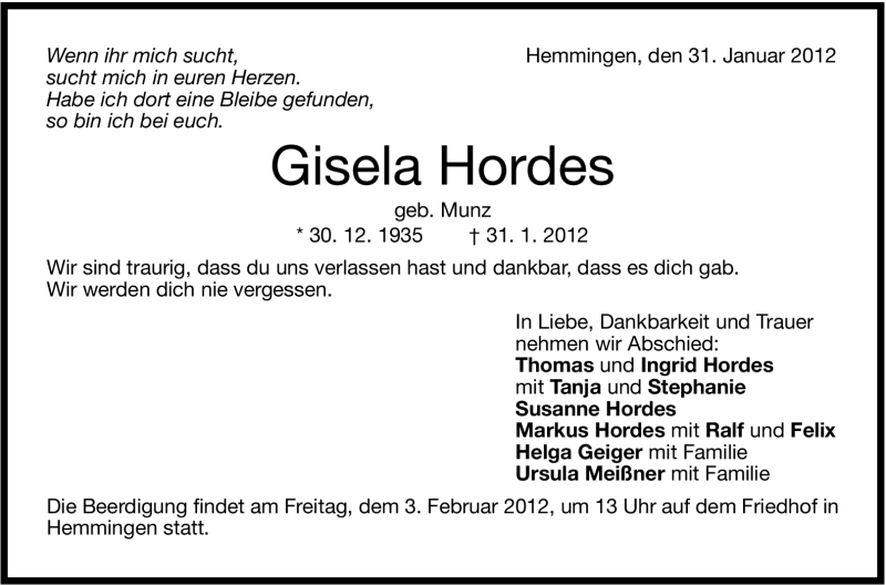  Traueranzeige für Gisela Hordes vom 02.02.2012 aus Stuttgarter Zeitung / Stuttgarter Nachrichten