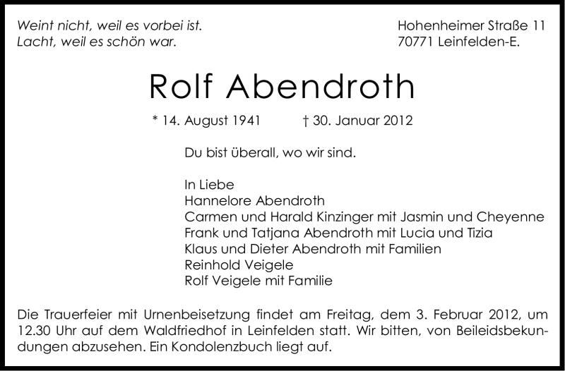  Traueranzeige für Rolf Abendroth vom 01.02.2012 aus Stuttgarter Zeitung / Stuttgarter Nachrichten