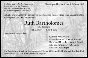 Traueranzeige von Ruth Bartholomes von Stuttgarter Zeitung / Stuttgarter Nachrichten