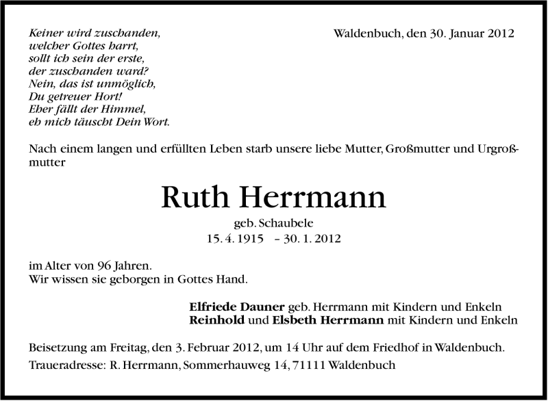  Traueranzeige für Ruth Herrmann vom 02.02.2012 aus Stuttgarter Zeitung / Stuttgarter Nachrichten